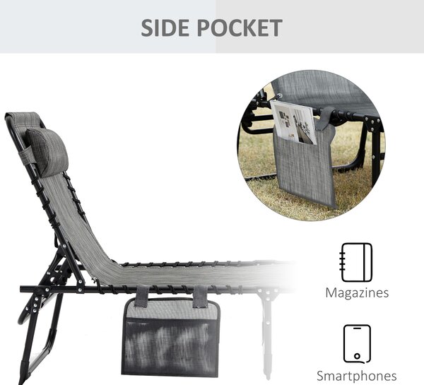 Outsunny Folding Sun Lounger, Portable Reclining Camping Bed with 5-Position Adjustable Backrest, Pillow Included, Mixed Grey