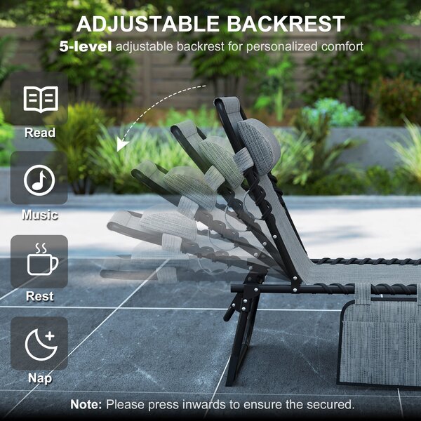 Outsunny Folding Sun Lounger, Portable Reclining Camping Bed with 5-Position Adjustable Backrest, Pillow Included, Mixed Grey