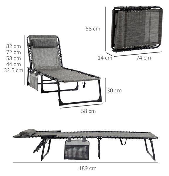 Outsunny Folding Sun Lounger, Portable Reclining Camping Bed with 5-Position Adjustable Backrest, Pillow Included, Mixed Grey