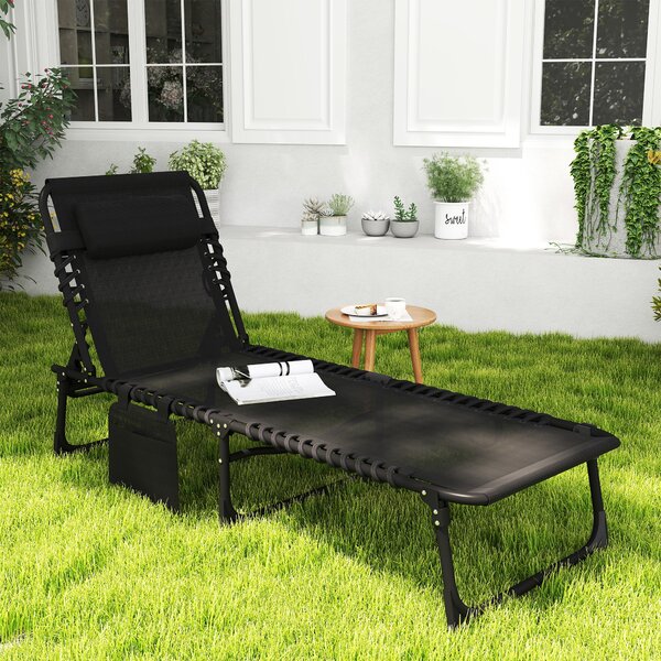 Outsunny Folding Camping Bed, Portable Reclining Lounge Chair with Adjustable Backrest & Side Pocket, Black