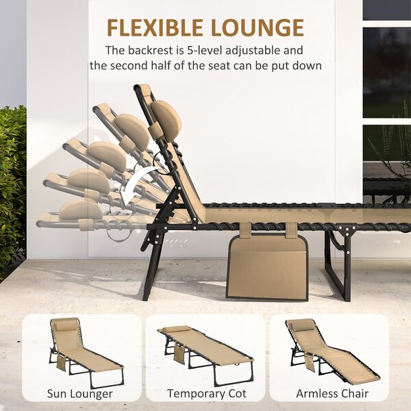 Outsunny Portable Sun Lounger, Folding Camping Bed Cot, Reclining Lounge Chair 5-position Adjustable Backrest w/ Pillow for Garden Beach Pool, Beige