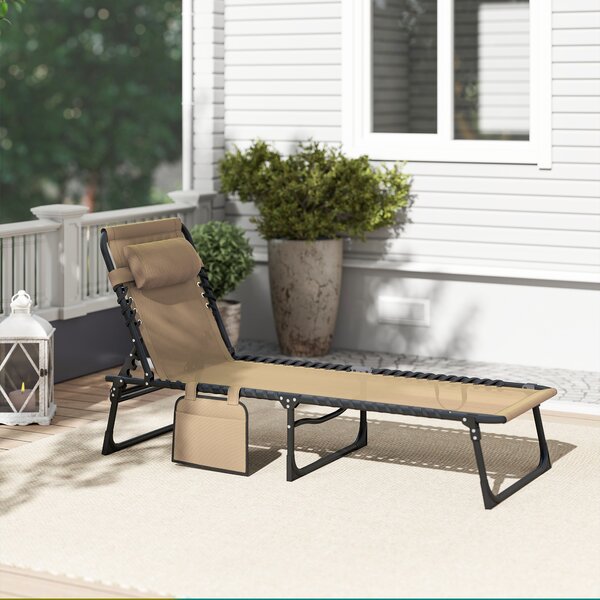 Outsunny Portable Sun Lounger, Folding Camping Bed Cot, Reclining Lounge Chair 5-position Adjustable Backrest w/ Pillow for Garden Beach Pool, Beige