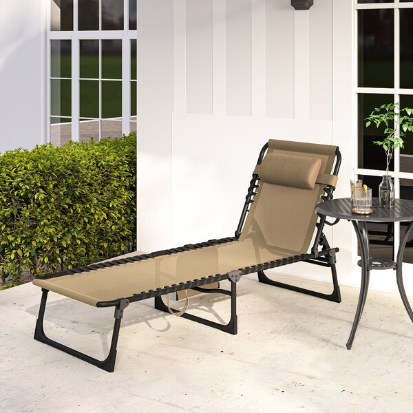 Outsunny Portable Sun Lounger, Folding Camping Bed Cot, Reclining Lounge Chair 5-position Adjustable Backrest w/ Pillow for Garden Beach Pool, Beige
