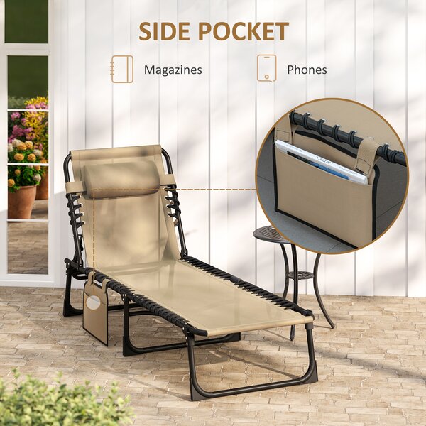 Outsunny Portable Sun Lounger, Folding Camping Bed Cot, Reclining Lounge Chair 5-position Adjustable Backrest w/ Pillow for Garden Beach Pool, Beige