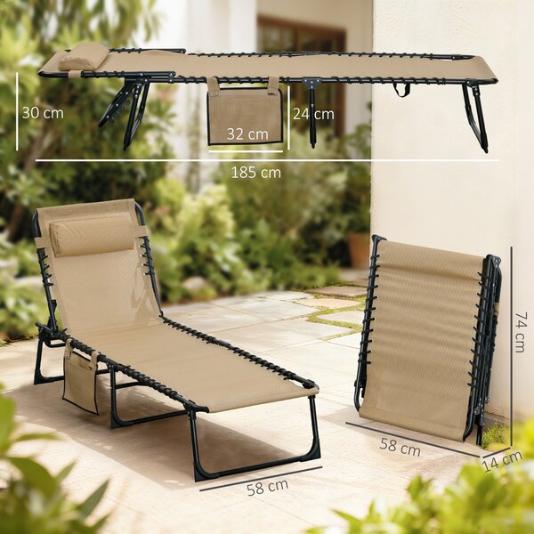 Outsunny Portable Sun Lounger, Folding Camping Bed Cot, Reclining Lounge Chair 5-position Adjustable Backrest w/ Pillow for Garden Beach Pool, Beige