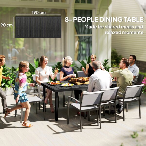 Outsunny Aluminium Outdoor Garden Dining Table for 8 People, Faux Wood Top, for Garden, Lawn, Patio, 190 x 90 x 74cm, Black
