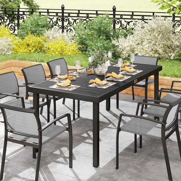 Outsunny Aluminium Outdoor Garden Dining Table for 8 People, Faux Wood Top, for Garden, Lawn, Patio, 190 x 90 x 74cm, Black