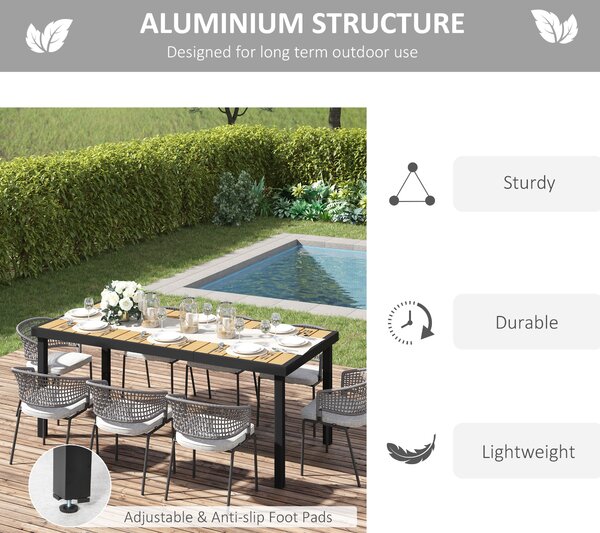 Outsunny Aluminium Outdoor Garden Dining Table for 8 People, Faux Wood Top, for Garden, Patio, 190 x 90 x 74 cm, Natural