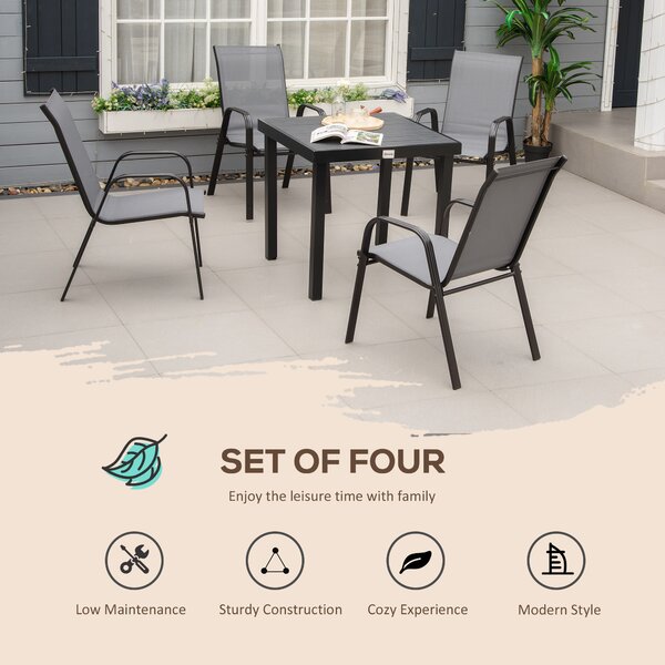 Outsunny Set of 4 Stackable Garden Dining Chairs, Space-Saving Outdoor Patio Furniture with Armrests & Backrest, Dark Grey Aosom UK