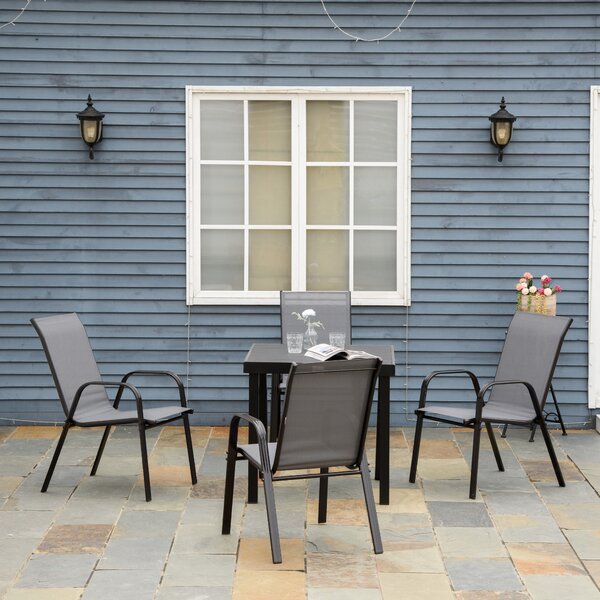 Outsunny Set of 4 Stackable Garden Dining Chairs, Space-Saving Outdoor Patio Furniture with Armrests & Backrest, Dark Grey Aosom UK