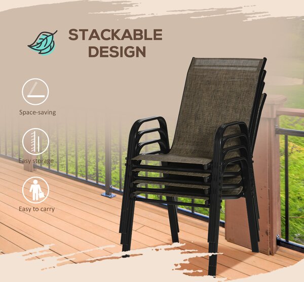 Outsunny 4 Piece Stackable Outdoor Garden Dining Chairs with High Backrest and Armrest, Breathable Mesh Fabric, Mixed Brown