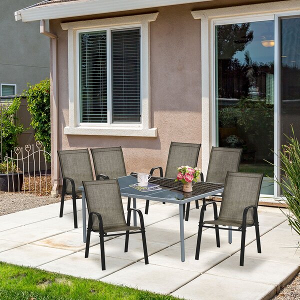 Outsunny 4 Piece Stackable Outdoor Garden Dining Chairs with High Backrest and Armrest, Breathable Mesh Fabric, Mixed Brown