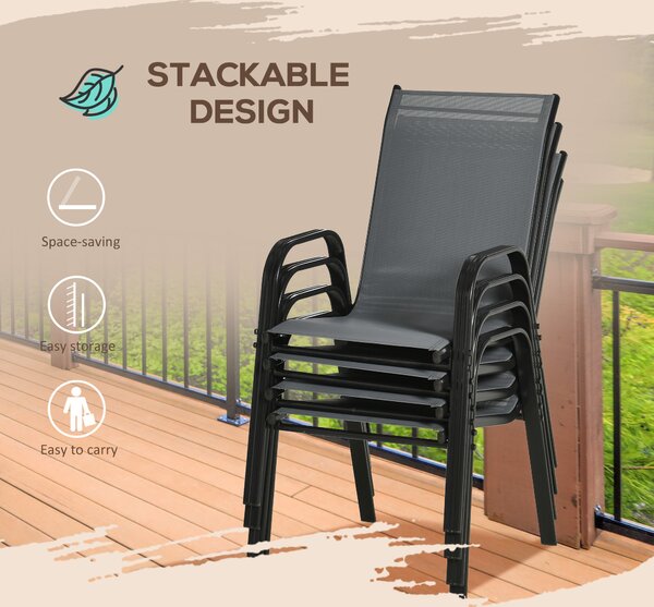 Outsunny Set of 4 Stackable Garden Dining Chairs, Space-Saving Outdoor Patio Furniture with Armrests & Backrest, Dark Grey Aosom UK