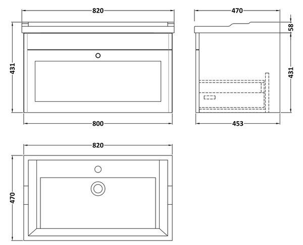 Classique Wall Mounted 1 Drawer Vanity Unit with Ceramic Basin