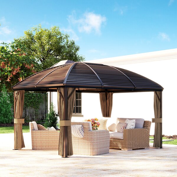 Outsunny 3 x 4m Hardtop Gazebo Canopy with Metal Roof, Aluminium Gazebo Permanent Pavilion with Netting and Curtains, Brown Aosom UK