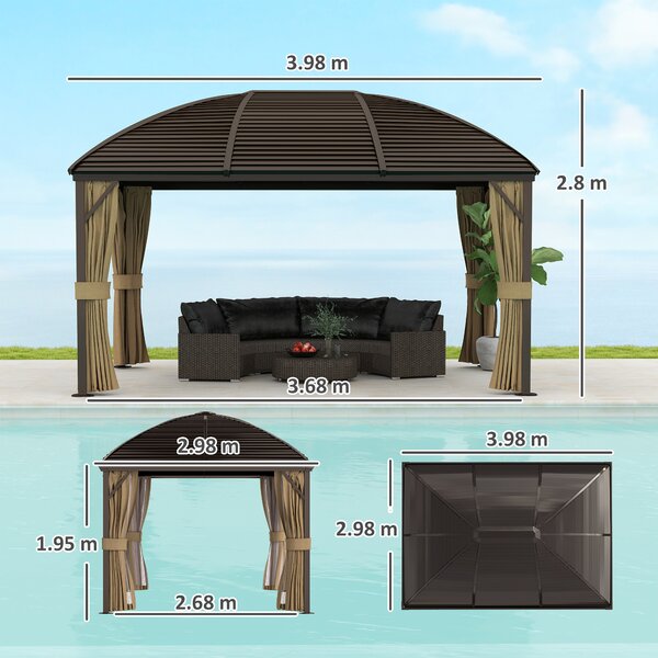 Outsunny 3 x 4m Hardtop Gazebo Canopy with Metal Roof, Aluminium Gazebo Permanent Pavilion with Netting and Curtains, Brown Aosom UK