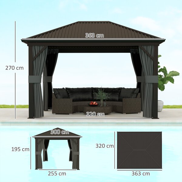 Outsunny 3.6 x 3 m Aluminium Hardtop Gazebo with Smart Drainage System and Ceiling Hooks- Dark Grey