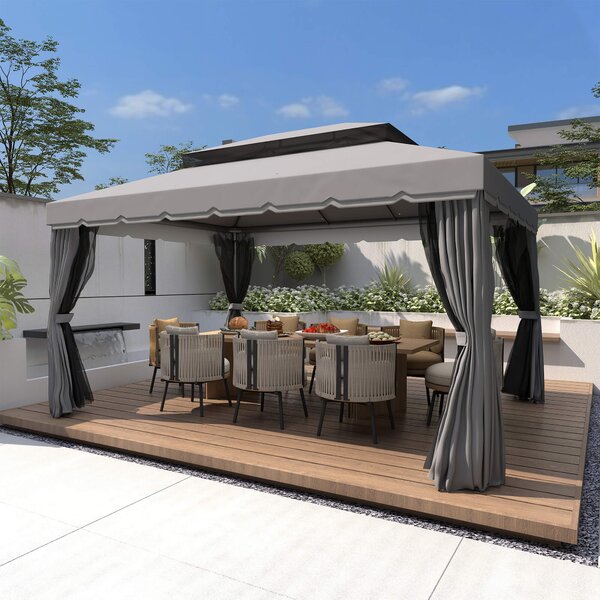 Outsunny 3 x 4m Curtain Gazebo, Curtains Pergola with Aluminium Frame, Nets and Curtains, Dark Grey Aosom UK