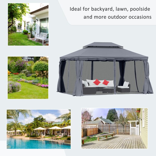 Outsunny 3 x 4m Curtain Gazebo, Curtains Pergola with Aluminium Frame, Nets and Curtains, Dark Grey Aosom UK