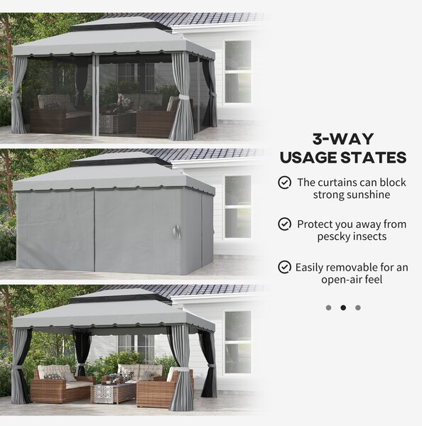 Outsunny 3 x 4m Retractable Roof Gazebo, Metal Garden Pergola with Canopy Shelter, Nets and Curtains for Garden and Deck, Light Grey Aosom UK