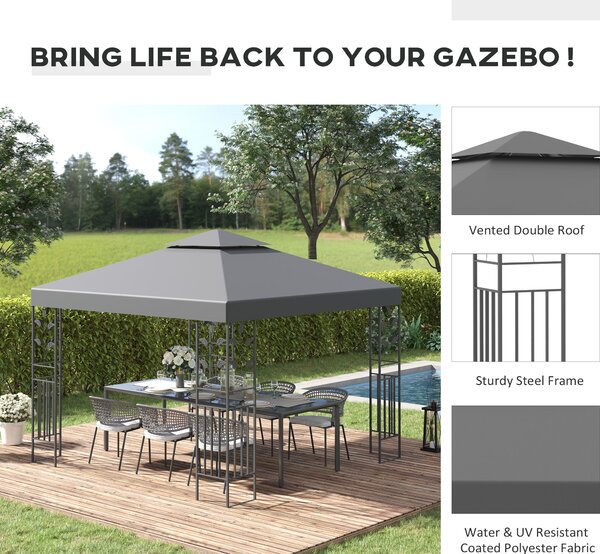 Outsunny 3 x 3m Outdoor Garden Steel Gazebo with 2 Tier Roof, Patio Canopy Marquee Patio Party Tent Canopy Shelter Vented Roof Decorative Frame - Grey