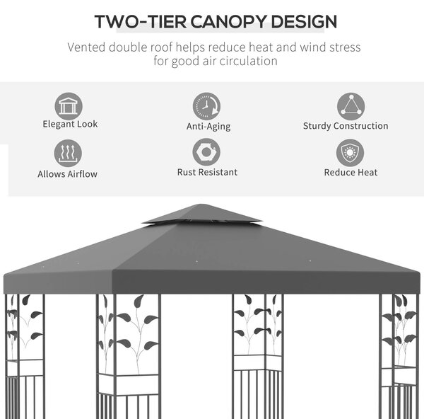 Outsunny 3 x 3m Outdoor Garden Steel Gazebo with 2 Tier Roof, Patio Canopy Marquee Patio Party Tent Canopy Shelter Vented Roof Decorative Frame - Grey