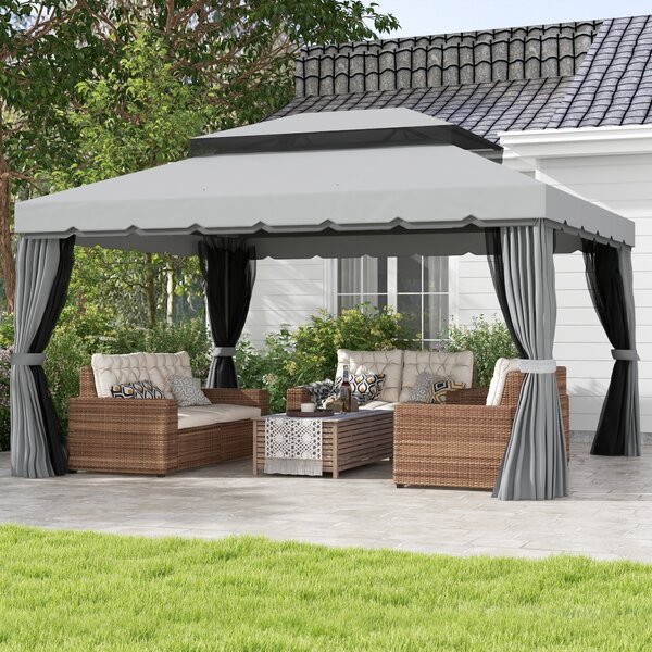 Outsunny 3 x 4m Retractable Roof Gazebo, Metal Garden Pergola with Canopy Shelter, Nets and Curtains for Garden and Deck, Light Grey Aosom UK