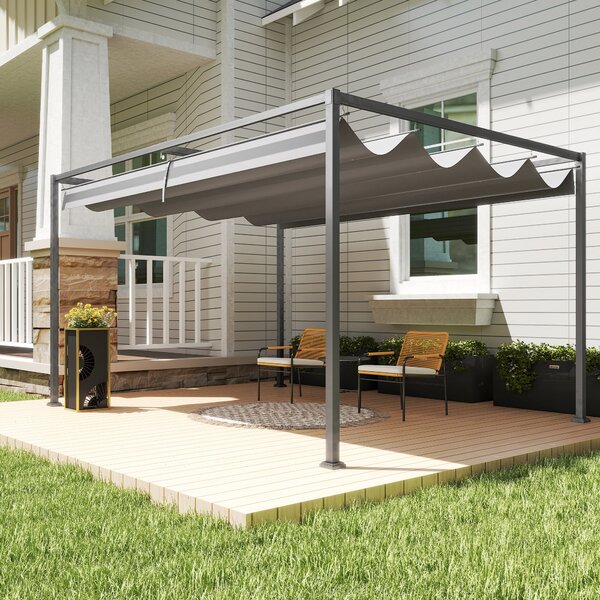 Outsunny 4 x 3m Retractable Roof Gazebo, Metal Pergola Patio Sun Shelter with Retractable Canopy, Grey Aosom UK