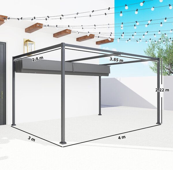 Outsunny 4 x 3m Retractable Roof Gazebo, Metal Pergola Patio Sun Shelter with Retractable Canopy, Grey Aosom UK