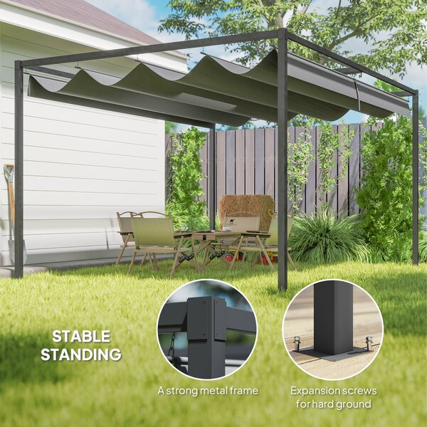 Outsunny 4 x 3m Retractable Roof Gazebo, Metal Pergola Patio Sun Shelter with Retractable Canopy, Grey Aosom UK