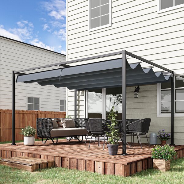 Outsunny 4 x 3m Retractable Roof Gazebo, Metal Pergola Patio Sun Shelter with Retractable Canopy, Grey Aosom UK