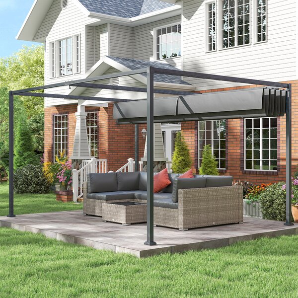 Outsunny 4 x 3m Retractable Roof Gazebo, Metal Pergola Patio Sun Shelter with Retractable Canopy, Grey Aosom UK