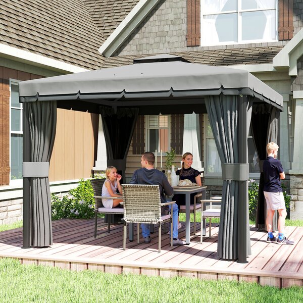 Outsunny 3 x 3m Outdoor Shelter, Garden Pavilion with 2 Tier Roof, Netting and Curtains, Light Grey Aosom UK
