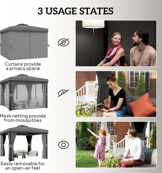 Outsunny 3 x 3m Outdoor Shelter, Garden Pavilion with 2 Tier Roof, Netting and Curtains, Light Grey Aosom UK
