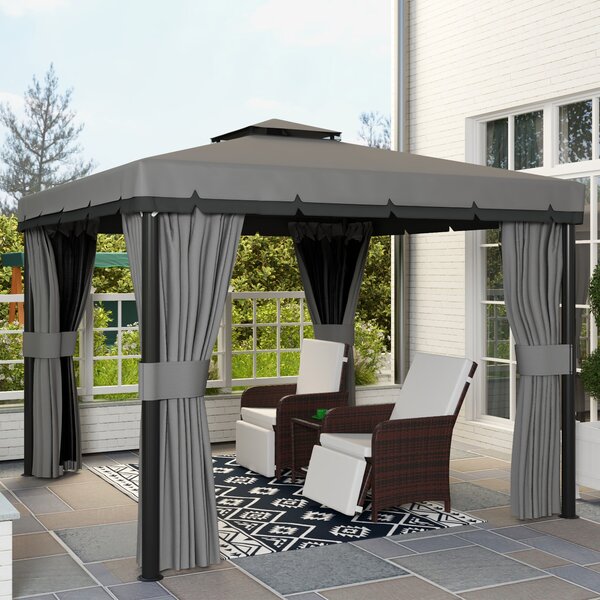 Outsunny 3 x 3m Outdoor Shelter, Garden Pavilion with 2 Tier Roof, Netting and Curtains, Light Grey Aosom UK