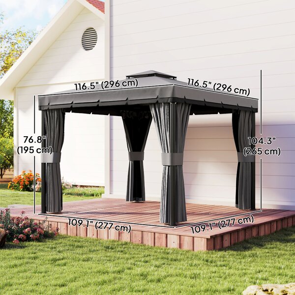Outsunny 3 x 3m Outdoor Shelter, Garden Pavilion with 2 Tier Roof, Netting and Curtains, Light Grey Aosom UK