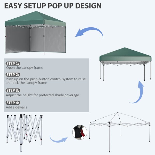 Outsunny 3 x 3m Gazebo Pop Up with Sides, 2 Sidewalls, Leg Weight Bags and Carry Bag, Height Adjustable for Garden, Patio, Green Aosom UK