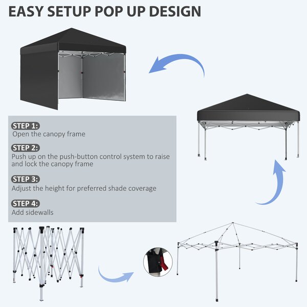 Outsunny 3 x 3m Metal Frame Gazebo, Pop Up Event Shelter with 2 Sidewalls, Weight Bags and Wheeled Bag, Black Aosom UK