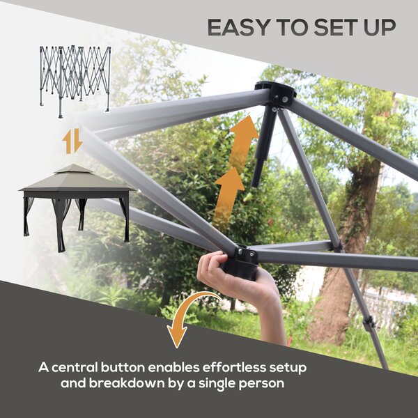 Outsunny 3 x 3(m) Pop Up Gazebo with Mosquito Netting, 1 Person Easy up Marquee Party Tent with 1-Button Push, Double Roof, Sandbags