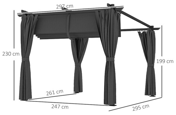 Outsunny 3 x 3 m Retractable Roof Pergola, with Curtains - Dark Grey