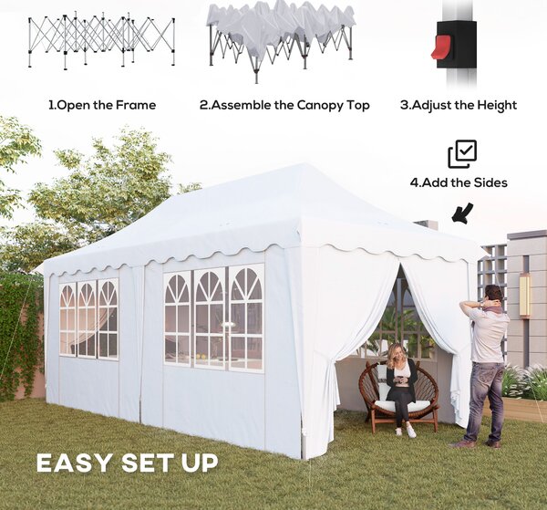 Outsunny 3 x 6m Pop Up Gazebo with Sides, UPF50+ Height Adjustable Party Tent with Carry Bag and Sand Bags for Garden, Patio, White