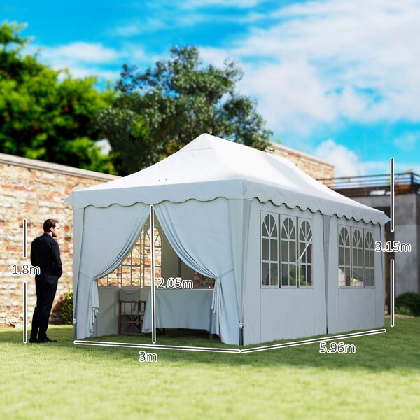 Outsunny 3 x 6m Pop Up Gazebo with Sides, UPF50+ Height Adjustable Party Tent with Carry Bag and Sand Bags for Garden, Patio, White