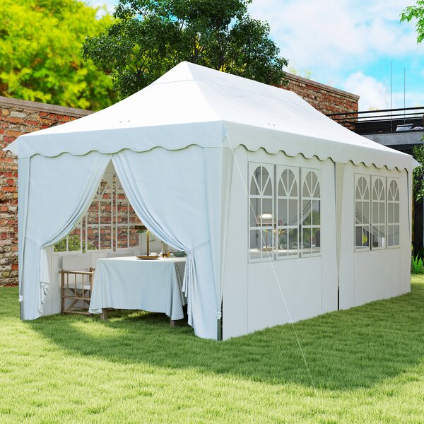 Outsunny 3 x 6m Pop Up Gazebo with Sides, UPF50+ Height Adjustable Party Tent with Carry Bag and Sand Bags for Garden, Patio, White