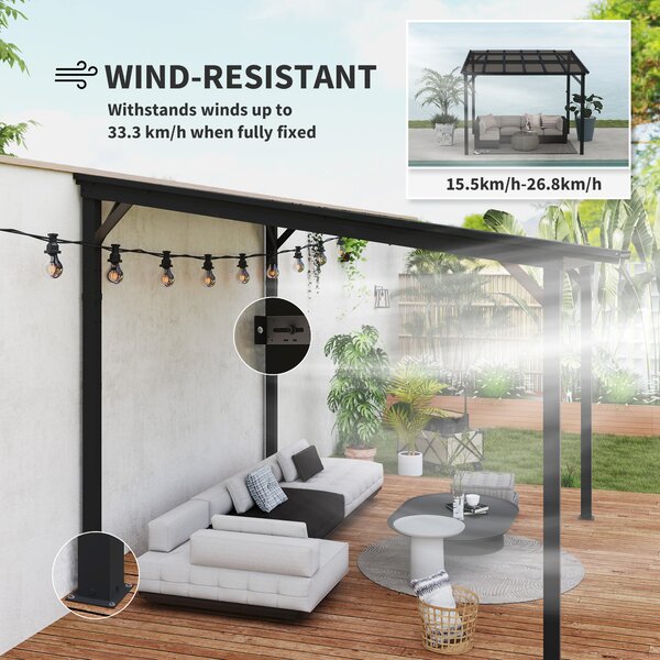 Outsunny 3 x 3m Metal Pergola with UPF 50+ and Waterproof Roof, Wall-Mounted or Free Standing Garden Gazebo, Wind-resistant, Dark Grey