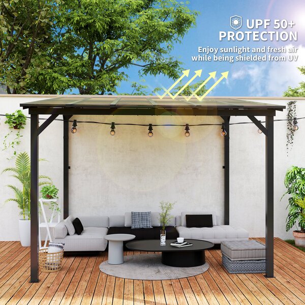 Outsunny 3 x 3m Metal Pergola with UPF 50+ and Waterproof Roof, Wall-Mounted or Free Standing Garden Gazebo, Wind-resistant, Dark Grey