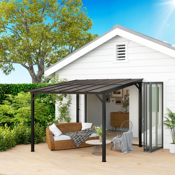 Outsunny 3 x 3m Metal Pergola with UPF 50+ and Waterproof Roof, Wall-Mounted or Free Standing Garden Gazebo, Wind-resistant, Dark Grey