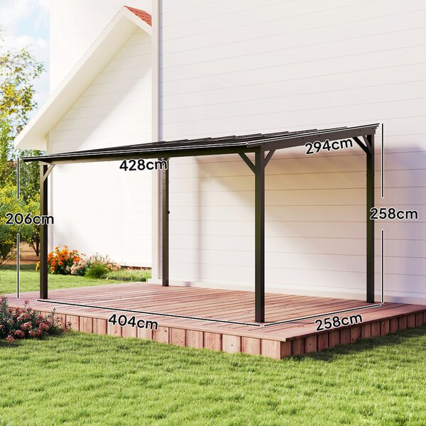 Outsunny 3 x 4.3m Metal Pergola with UPF 50+ and Waterproof Roof, Wall-Mounted or Free Standing Garden Gazebo, Wind-resistant, Dark Grey