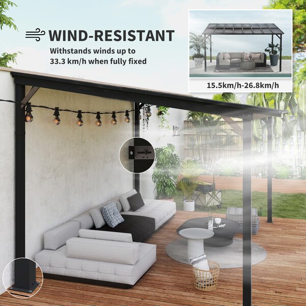 Outsunny 3 x 4.3m Metal Pergola with UPF 50+ and Waterproof Roof, Wall-Mounted or Free Standing Garden Gazebo, Wind-resistant, Dark Grey
