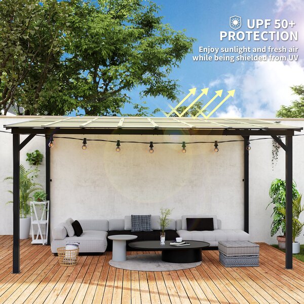 Outsunny 3 x 4.3m Metal Pergola with UPF 50+ and Waterproof Roof, Wall-Mounted or Free Standing Garden Gazebo, Wind-resistant, Dark Grey