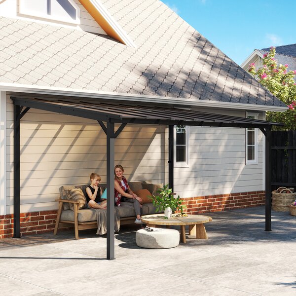 Outsunny 3 x 4.3m Metal Pergola with UPF 50+ and Waterproof Roof, Wall-Mounted or Free Standing Garden Gazebo, Wind-resistant, Dark Grey